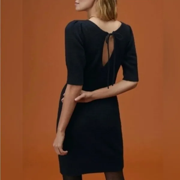 Anthropologie Daily Practice Black Knit Mini Dress‎ Puff Short Sleeve Tie Back S - Image 5