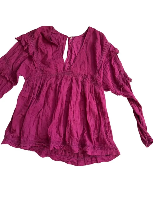 FREE PEOPLE Fuchsia Lace Trim Long Sleeve Romper Size Small - Image 7