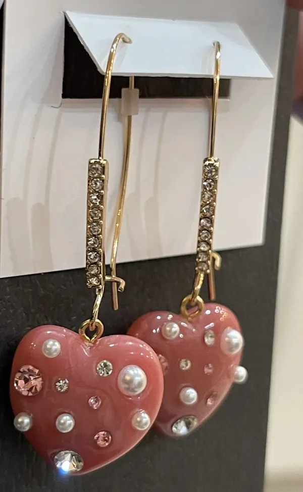 Betsey Johnson Pink Marble Hearts Rhinestones & Mini-Pearls French Hook - Image 2