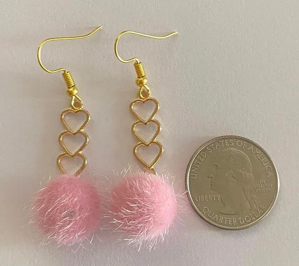 Handmade Earrings Heart Pink Pompom Dangle Kawaii y2k - Image 3