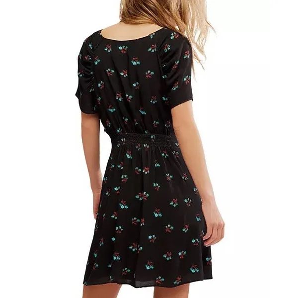 Free People Everyones Favorite Mini Dress‎ Small Black Floral V Neck Bow Zip NWT - Image 4