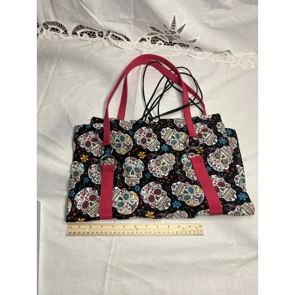 Sugar‎ Skull Bible Tote Bag – Large Fabric Church Carry Bag with Pink Handles - Image 8