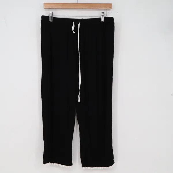 Cheibear Pajama Set Womens M Black Pom Pom Trim Short Sleeve Crop Pant NEW - Image 6