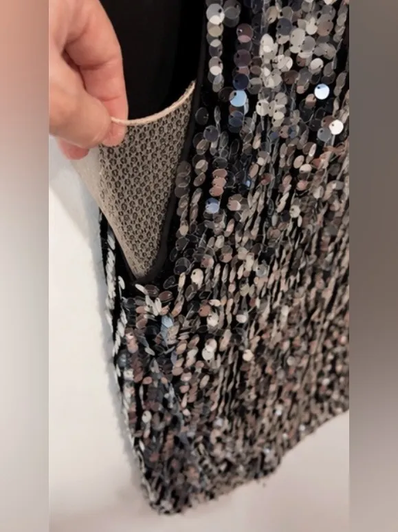 NBD Sequin Mini Dress Silver Black Deep V Party Night Club Size S - Image 3