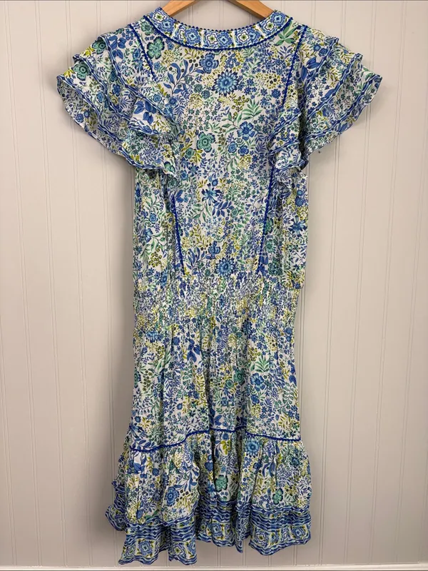 Poupette St Barth Short Sleeve Tiered Mini Dress Women Size Small Blue Green - Image 5