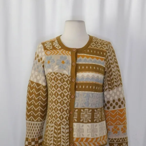 GUDRUN SJODEN Floral Patchwork Cardigan Sweater Wool Buttons Retro X-Small - Image 3