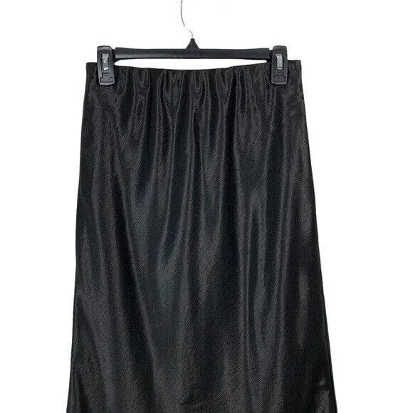 Heartloom Black Satin‎ Midi Skirt Elastic Waist Minimalist Chic Trendy Small - Image 2