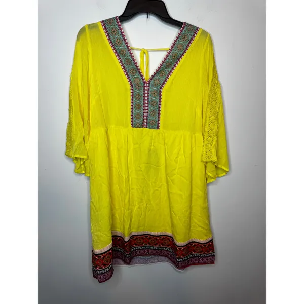 White Mark Yellow Embroidered Tunic Dress L Boho Kimono Sleeve Beach Coverup - Image 2