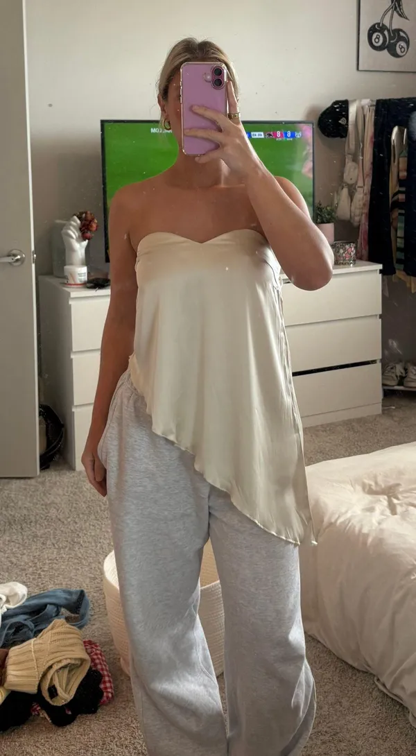 Asymmetrical Silk Flowy Top Tan - Image 4