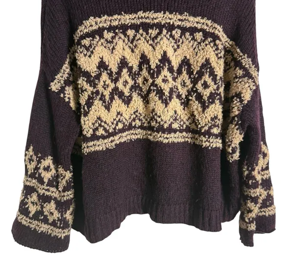 Free People Brown Fair Isle Split Turtleneck Wool Knit Winter Sweater M - Image 6