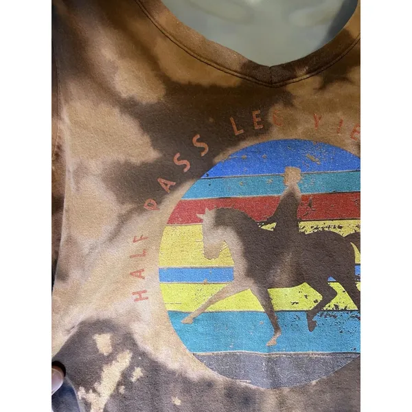 Equestrian Bleach Tie Dye Horse Graphic Tee Top Shirt Womens Small Brown - Image 5