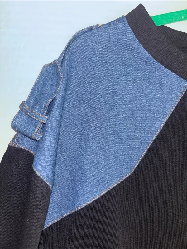 Endless Rose Crew Neck Sweatshirt Blue Denim Shoulder Panels Black Cotton Body - Image 3