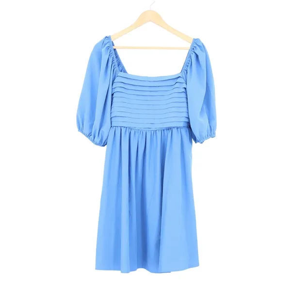 Blue Puff Sleeve Square Neck Pleated Mini Dress Large - Image 2