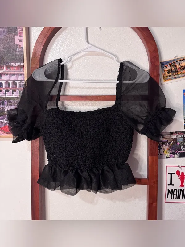 Staud Black Organza Puff Sleeve Crop Top - Image 5