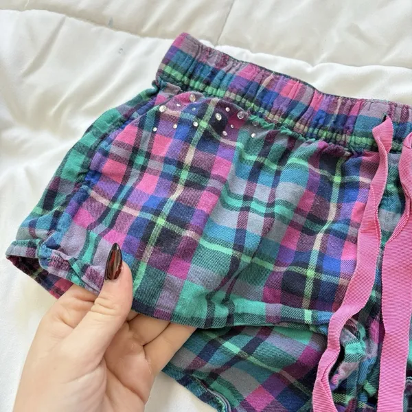 Aerie Shorts Retro Y2K Womens XS Micro Mini Pink Green Plaid 100% Cotton Dainty‎ - Image 2