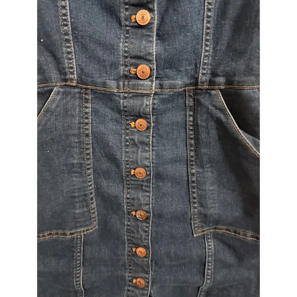 H&M Divided Denim Pinafore Dress Womens XS Blue Button Front Mini Adjustable - Image 2