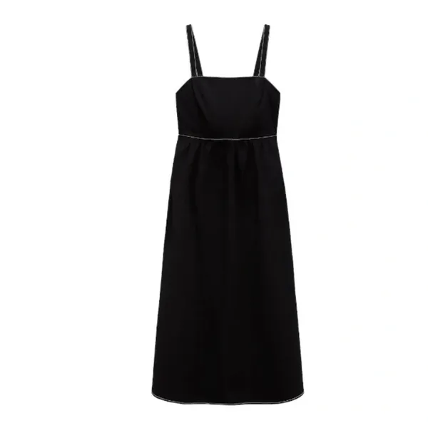 ZARA‎ Luiza Black Midi Dress Tie Back Contrast Stitching Pockets Poplin X-Large - Image 9