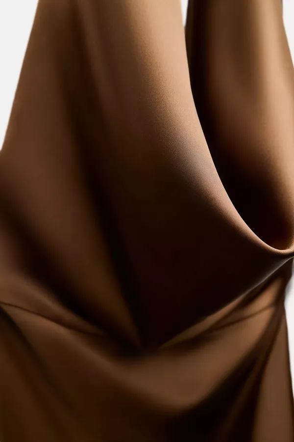 Zara dress gown maxi halter satin plunge neck Brown holiday wedding evening - Image 5