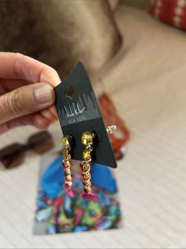 Anthropologie Nicole Miller nwt colorful rhinestone, floral, gold tone, dangle party earrings - Image 3