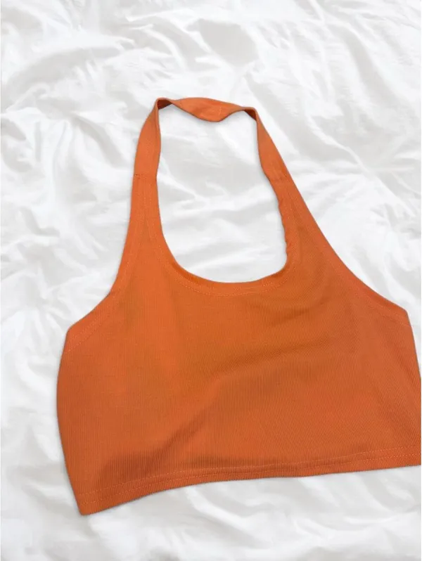 Orange Halter Tie Back Crop Top - Image 3
