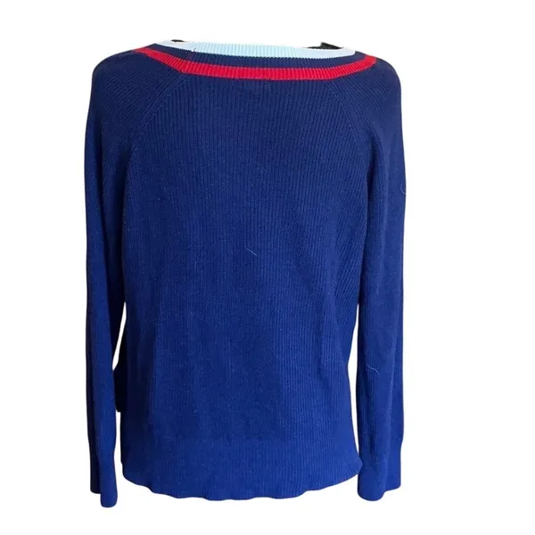 Garage Women Navy Blue‎ Varsity V-Neck Ribbed Knit Sweater Striped Trim Small - Image 3
