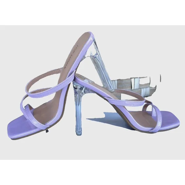 Womens 7 Lavender Patent Strappy Clear Lucite Heel Y2K Sandals Top Moda - Image 4