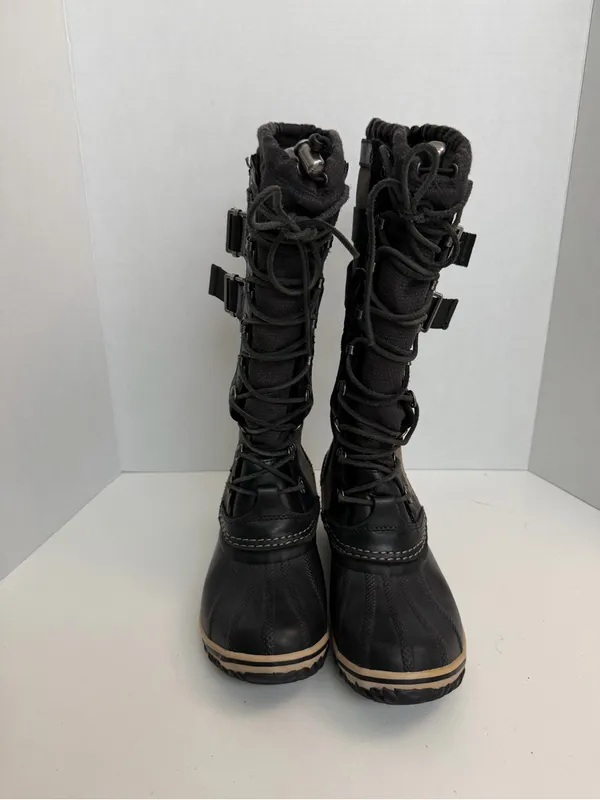 Sorel Boots Conquest Carly Leather Tall Lace Up Buckles Moto Olive Green Black - Image 2