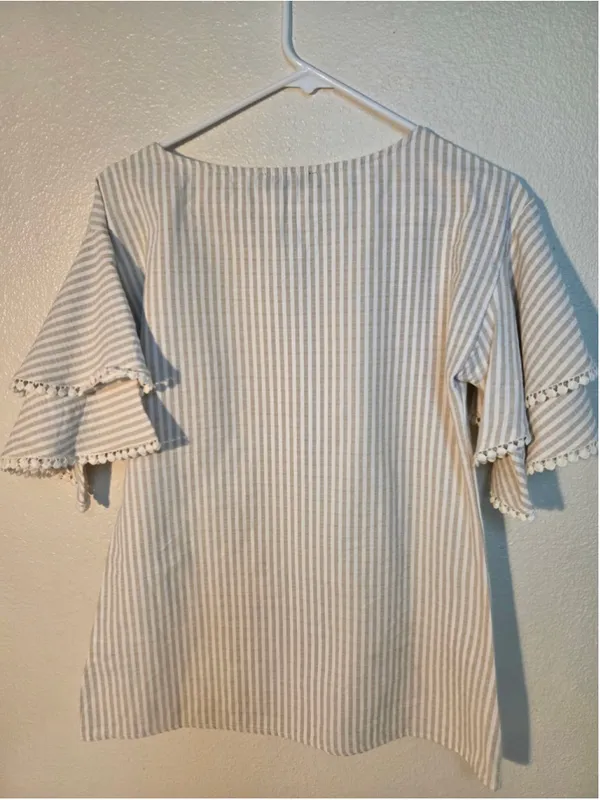 Mikarose Women’s Striped Tiered Flutter Sleeve Top Pom Pom Trim Ivory Tan Size S - Image 2