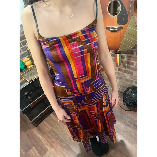 American Vintage Vintage Psychedelic Geometric Velvet Maxi Dress Purple Orange - Image 4