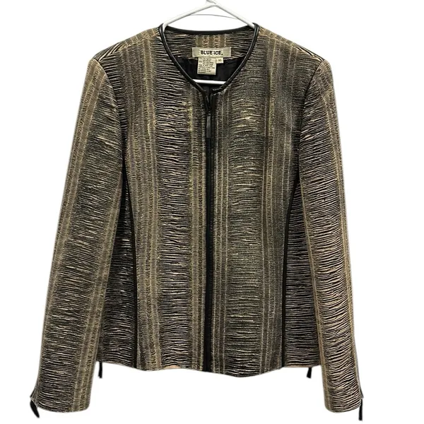 Blue Ice Tan Black Textured Zip Up Zip Sides and Cuffs Blazer Jacket Womens 10 - Image 5