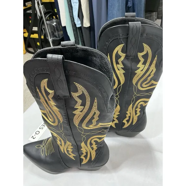 Womans Pullon Midcalf Cowgirl Boots 9 Black Gold Heel Stitching NWOT - Image 2
