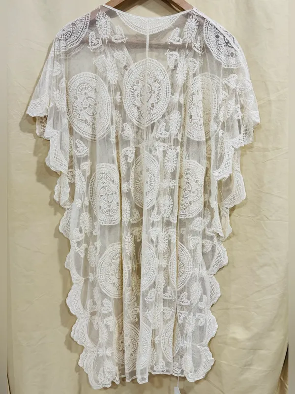 Cream Lace Crochet Kimono Cover Up Beach Swim Tassel Tie Sheer Embroidered OS - Image 6
