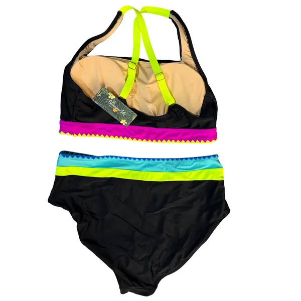 NWT Blooming Jelly High Waisted Bikini Set Tummy Control Neon Color Block Large - Image 6