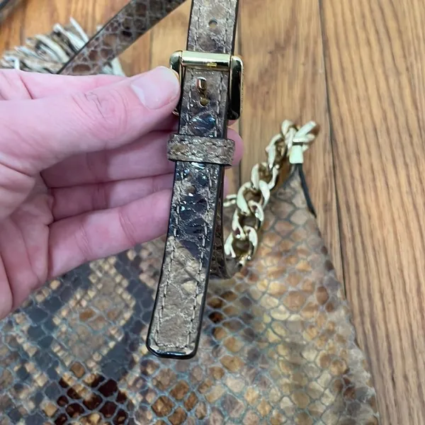 Michael Kors Snakeskin Embossed Leather Crossbody Bag Brown Gold Chain Tassel‎ - Image 3
