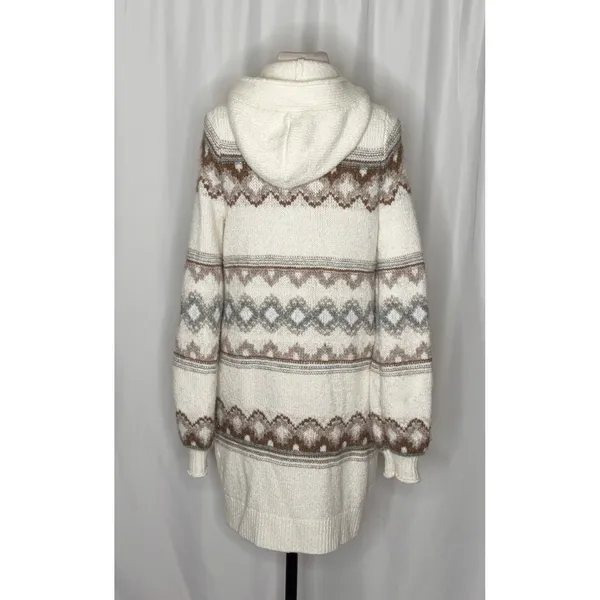 ABERCROMBIE & FITCH Fair Isle Hooded Long Cardigan Sweater Cream Fairisle XS - Image 8