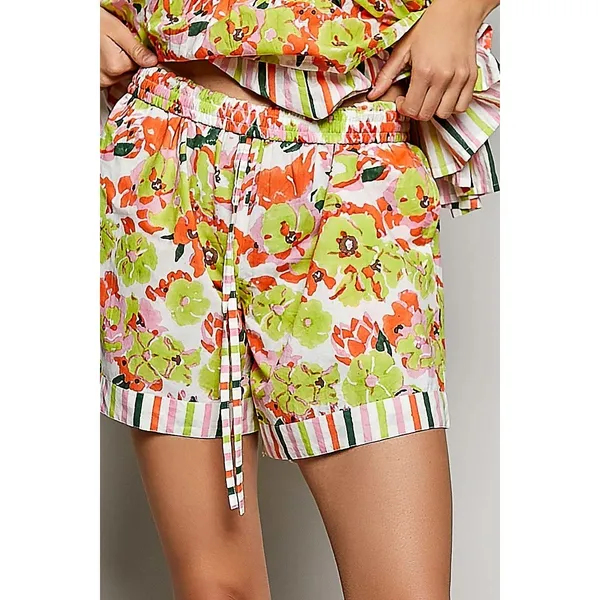 POL Drawstring Floral Shorts with Contrast Striped Trim - Lime Multi - Large - Image 4