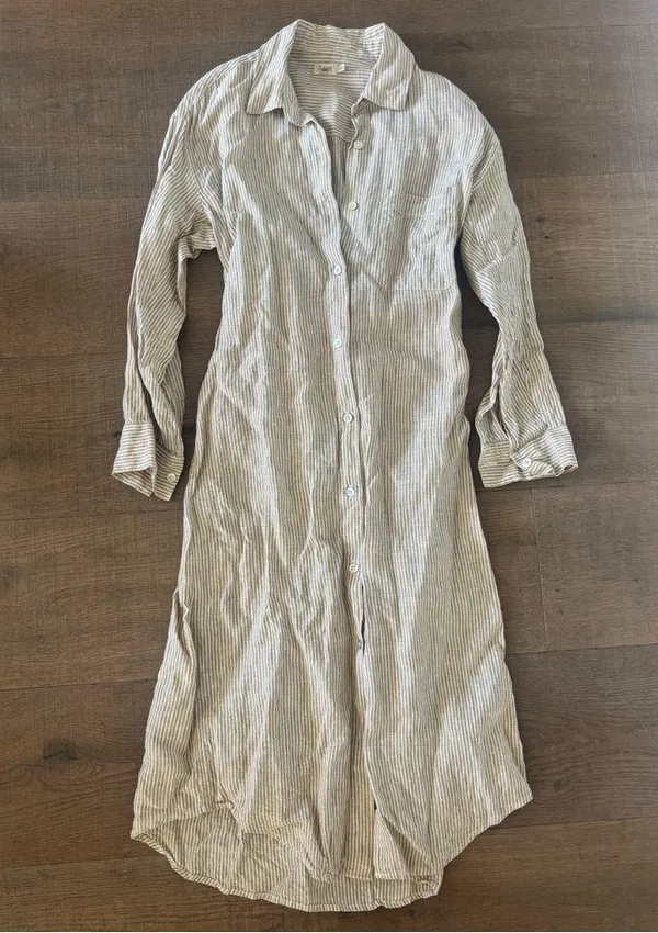 faherty beige striped 100% linen button down dress - Image 2