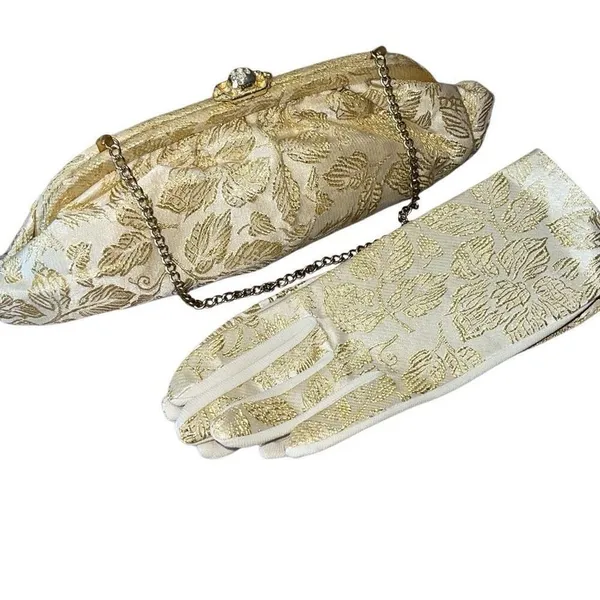 Vintage 1950’s Womens Metallic Jacquard Chain Handle Clutch and Gloves Gold Crea - Image 2