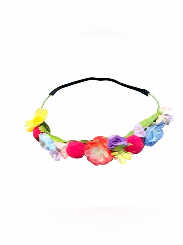 Floral Headband with Colorful Fabric Faux Flowers & Pom-Poms NWOT - Image 4