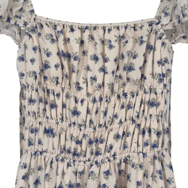 MABLE Analise Floral Smocked Open Back Lace Up‎ Maxi Dress Cream Blue Size Small - Image 10