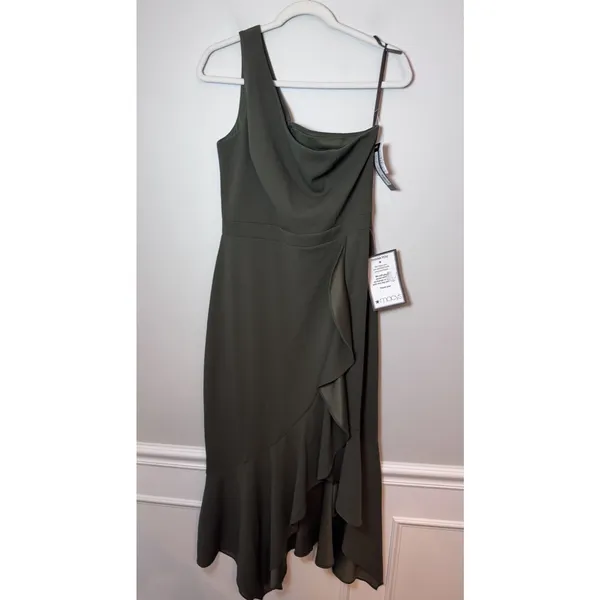 XSCAPE One Shoulder Asymmetric Hem Gown STYLE: 4840X Olive Green Sz 12 NWT $239 - Image 9