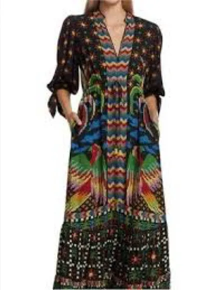 Farm Rio Macaw Night Maxi Dress Womens‎ XS Black Multi Tropical Boho - Image 2