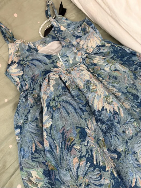 Girls Blue Floral Party Dress with Pearl Straps - Image 6