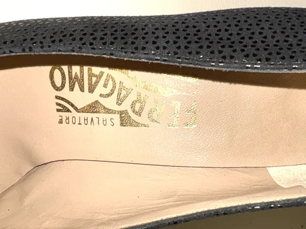 Salvatore Ferragamo black textured patent leather heels with a vintage-style toe cap. The rest of the shoe has a subtle texture. Made in Italy. - Image 6