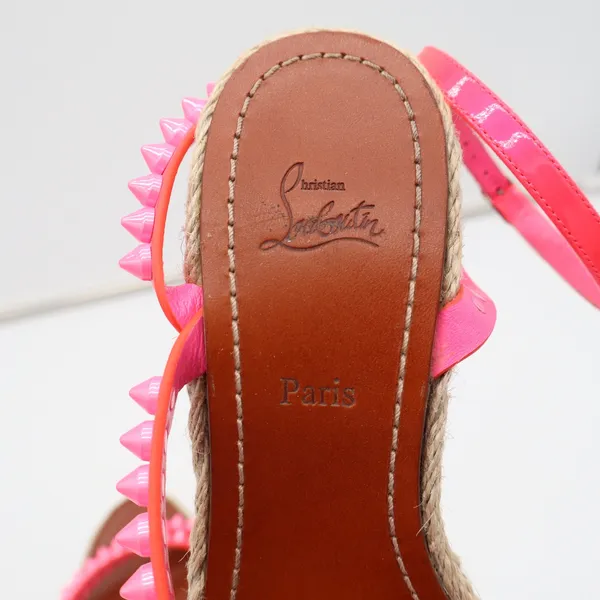 Christian Louboutin Neon Pink Studded Espadrille Wedge Sandals 38 - Image 5