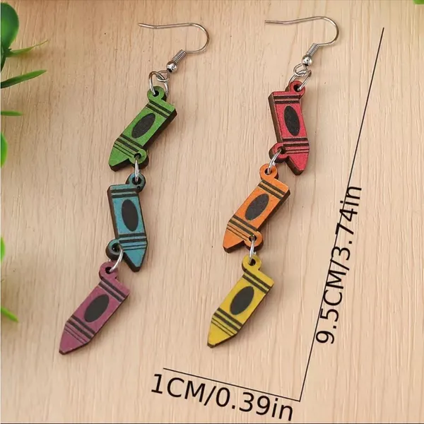 Boho Mismatched Asymmetrical Whimsical Novelty Style‎ Crayon Teacher Earrings - Image 8