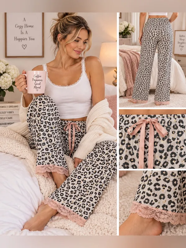 Victoria’s Secret Leopard Print Lace Trim Pajama Lounge Pants Size Small - Image 2