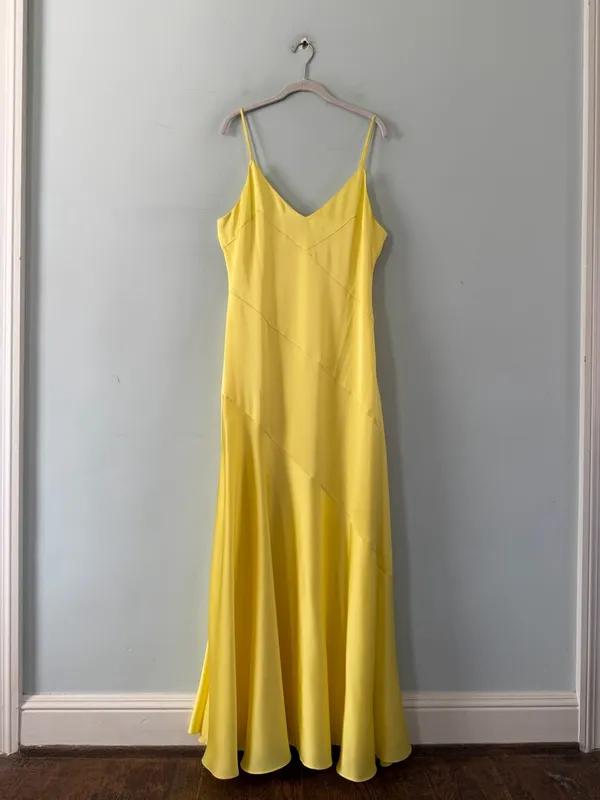 NWT Belle Badgley Mischka Sky Satin Canary Yellow Maxi‎ Slip Dress Formal Gown - Image 2