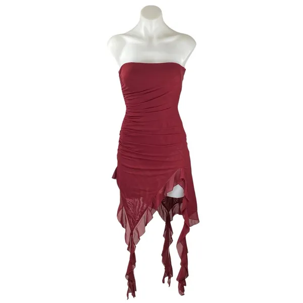 NEW Selfie Leslie After Party Sangria Red Strapless Tube Ruffle Mini Dress Sz S - Image 2