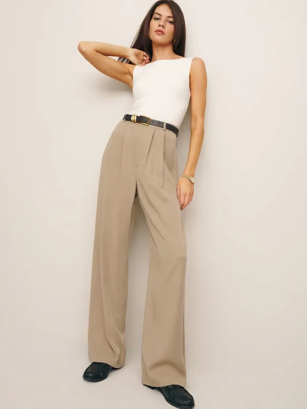 Reformation Mason Wide-Leg‎ High-Rise Trousers Pants in Beige Tan Size 8 - Image 10